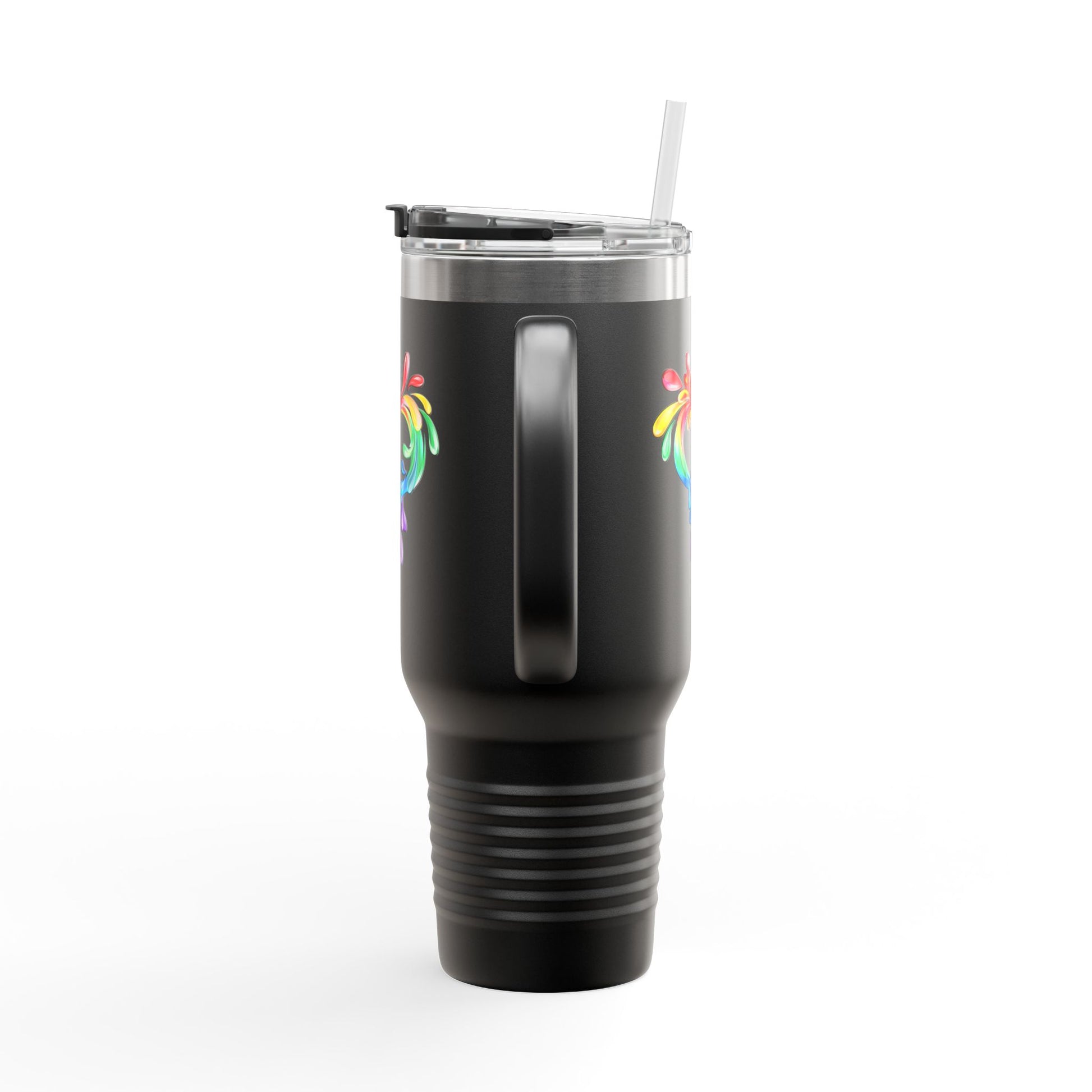 A white travel mug with a handle and a straw, showcasing a colorful heart made of water splashes. The Worldwide PRIDE cup is celebrating diversity and love.