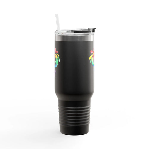 A black travel mug with a straw, showcasing a colorful heart made of water splashes. The Worldwide PRIDE cup is celebrating diversity and love.