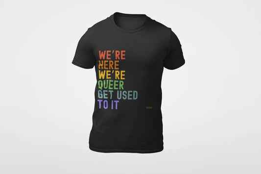 A black unisex crew neck t-shirt with the text 'WE'RE HERE WE'RE QUEER GET USED TO IT' printed in multicolored letters.