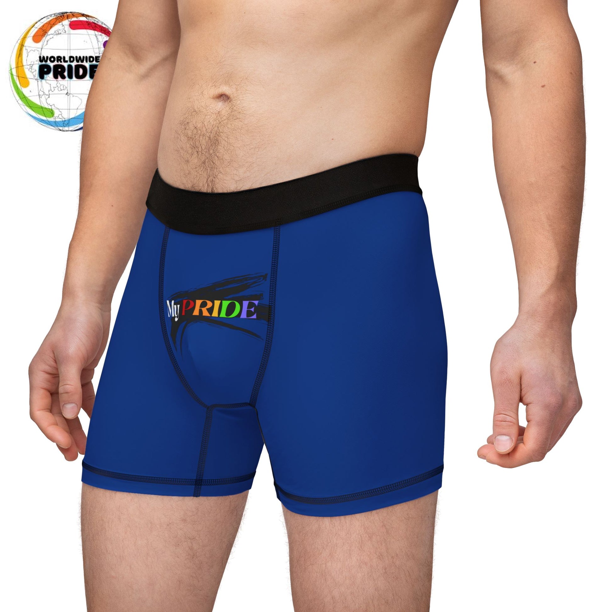 A person wearing blue boxer briefs with a black waistband, proudly showcasing My PRIDE in colorful letters on the front and and JOY on the back. This vibrant design celebrates the worldwide PRIDE and spirit of the LGBTQ community.