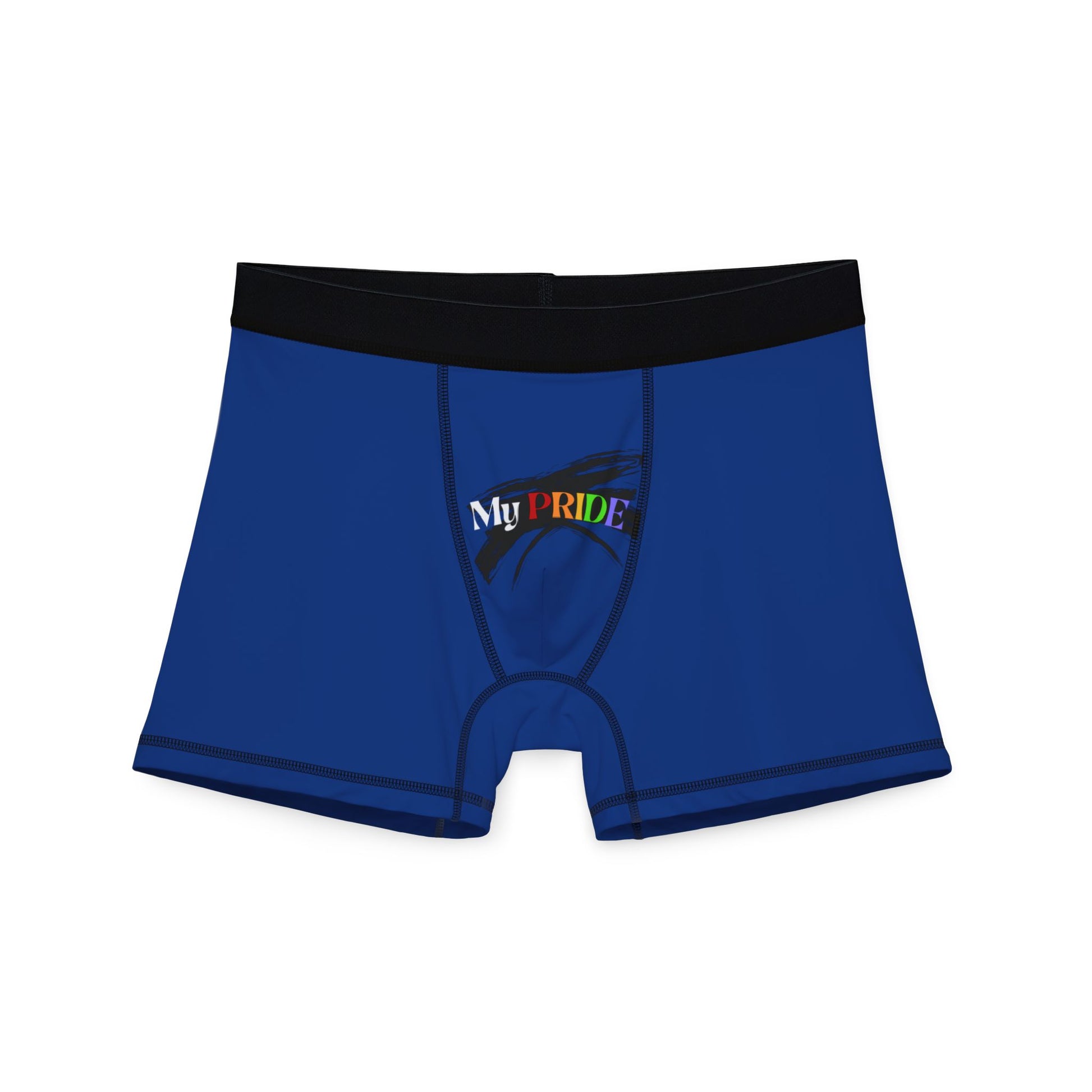 Blue boxer briefs with a black waistband, proudly showcasing My PRIDE in colorful letters on the front & and JOY on the back. This vibrant design celebrates the worldwide PRIDE and spirit of the LGBTQ community.