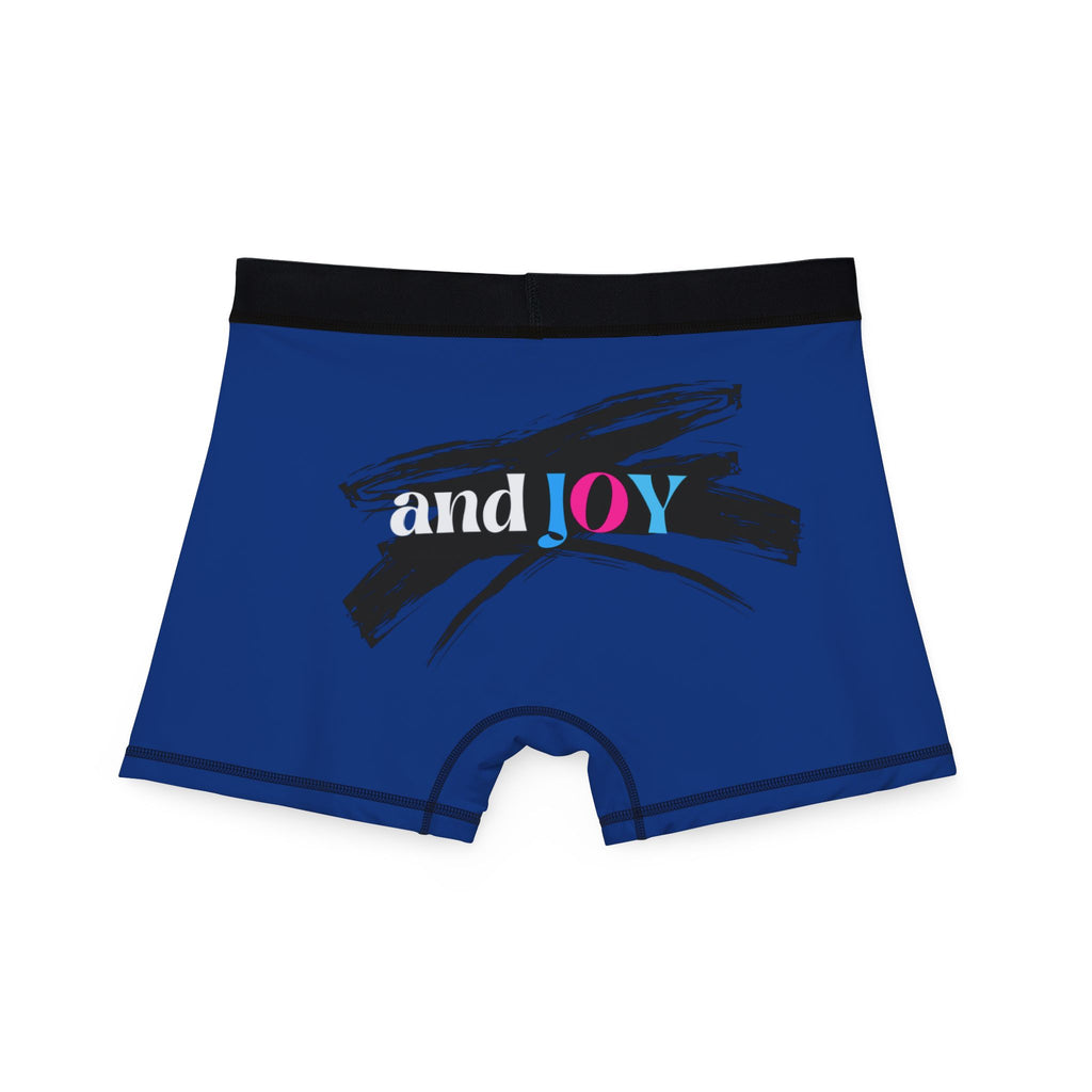 Blue boxer briefs with a black waistband, proudly showcasing My PRIDE in colorful letters on the front & and JOY on the back. This vibrant design celebrates the worldwide PRIDE and spirit of the LGBTQ community.