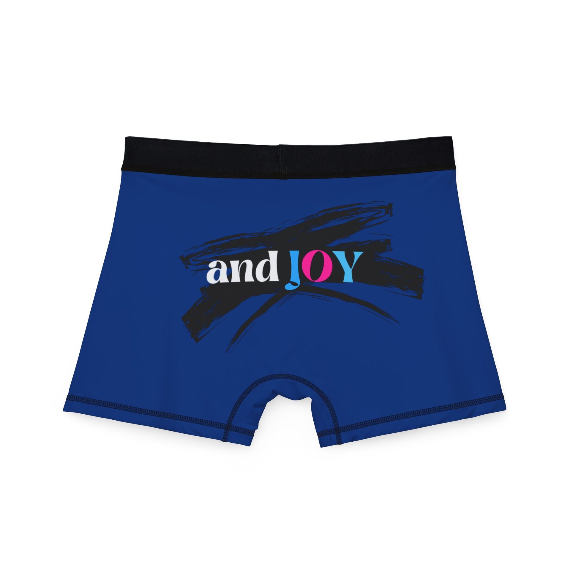 Blue boxer briefs with a black waistband, proudly showcasing My PRIDE in colorful letters on the front & and JOY on the back. This vibrant design celebrates the worldwide PRIDE and spirit of the LGBTQ community.