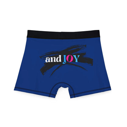 Blue boxer briefs with a black waistband, proudly showcasing My PRIDE in colorful letters on the front & and JOY on the back. This vibrant design celebrates the worldwide PRIDE and spirit of the LGBTQ community.