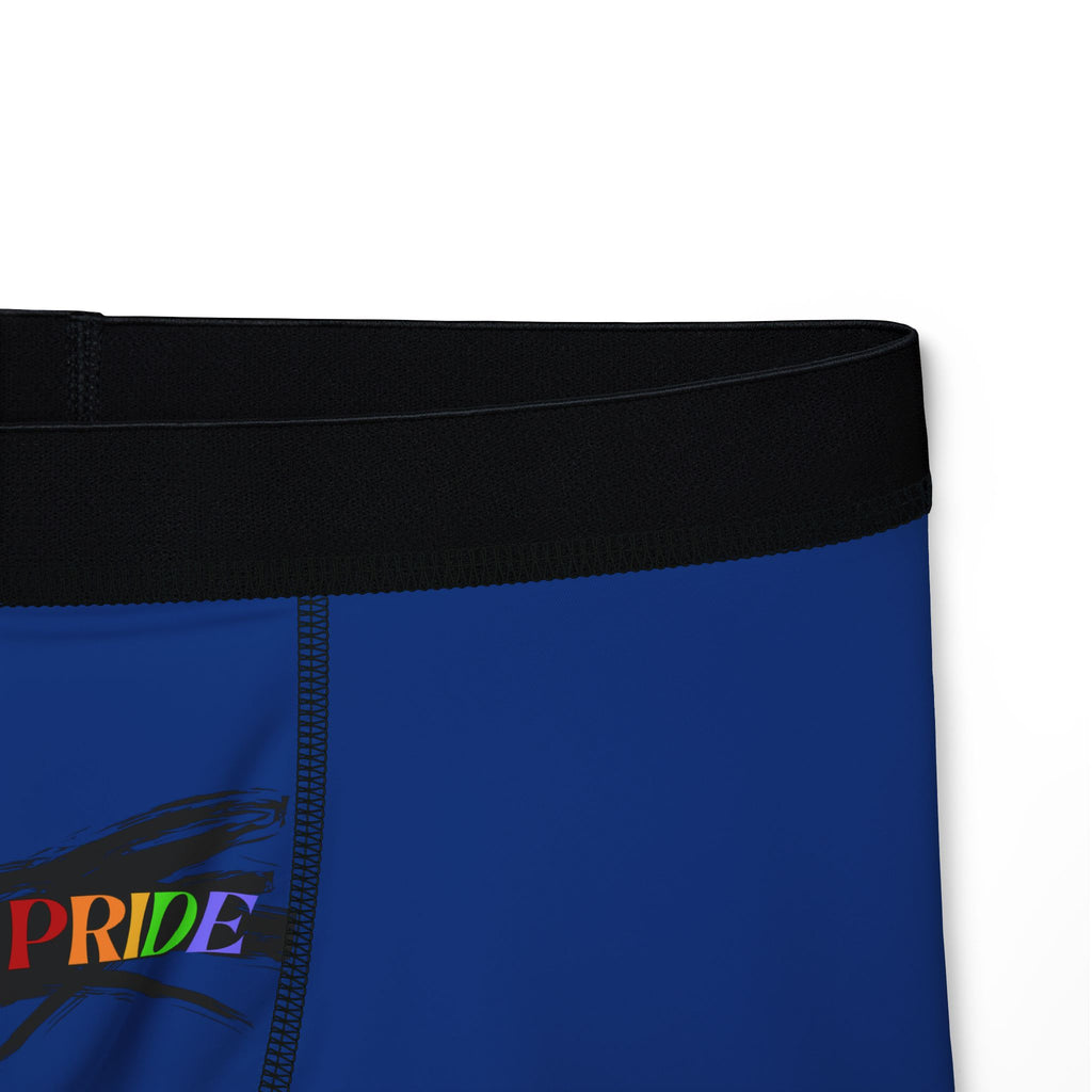 Blue boxer briefs with a black waistband, proudly showcasing My PRIDE in colorful letters on the front & and JOY on the back. This vibrant design celebrates the worldwide PRIDE and spirit of the LGBTQ community.