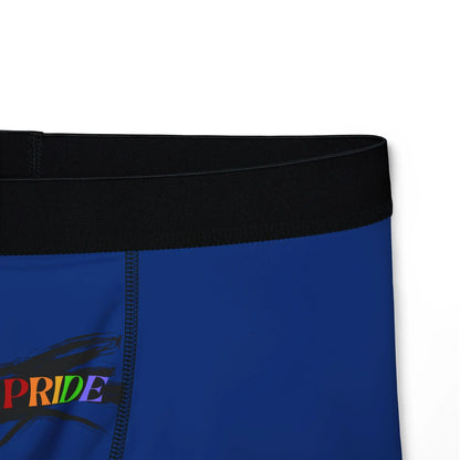 Blue boxer briefs with a black waistband, proudly showcasing My PRIDE in colorful letters on the front & and JOY on the back. This vibrant design celebrates the worldwide PRIDE and spirit of the LGBTQ community.