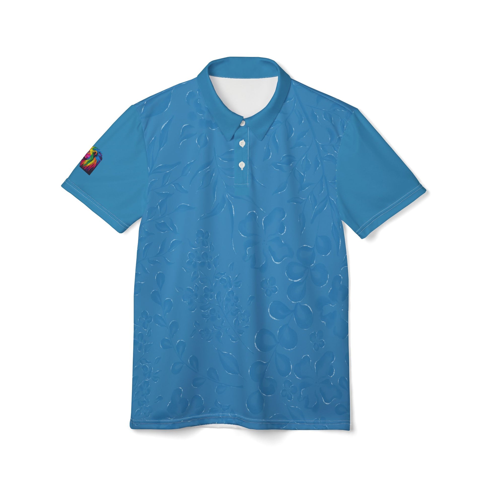 A blue polo shirt that features a flowery pattern with short sleeves and a vibrant lion on the right sleeve. It celebrates Worldwide PRIDE against a plain white backdrop.