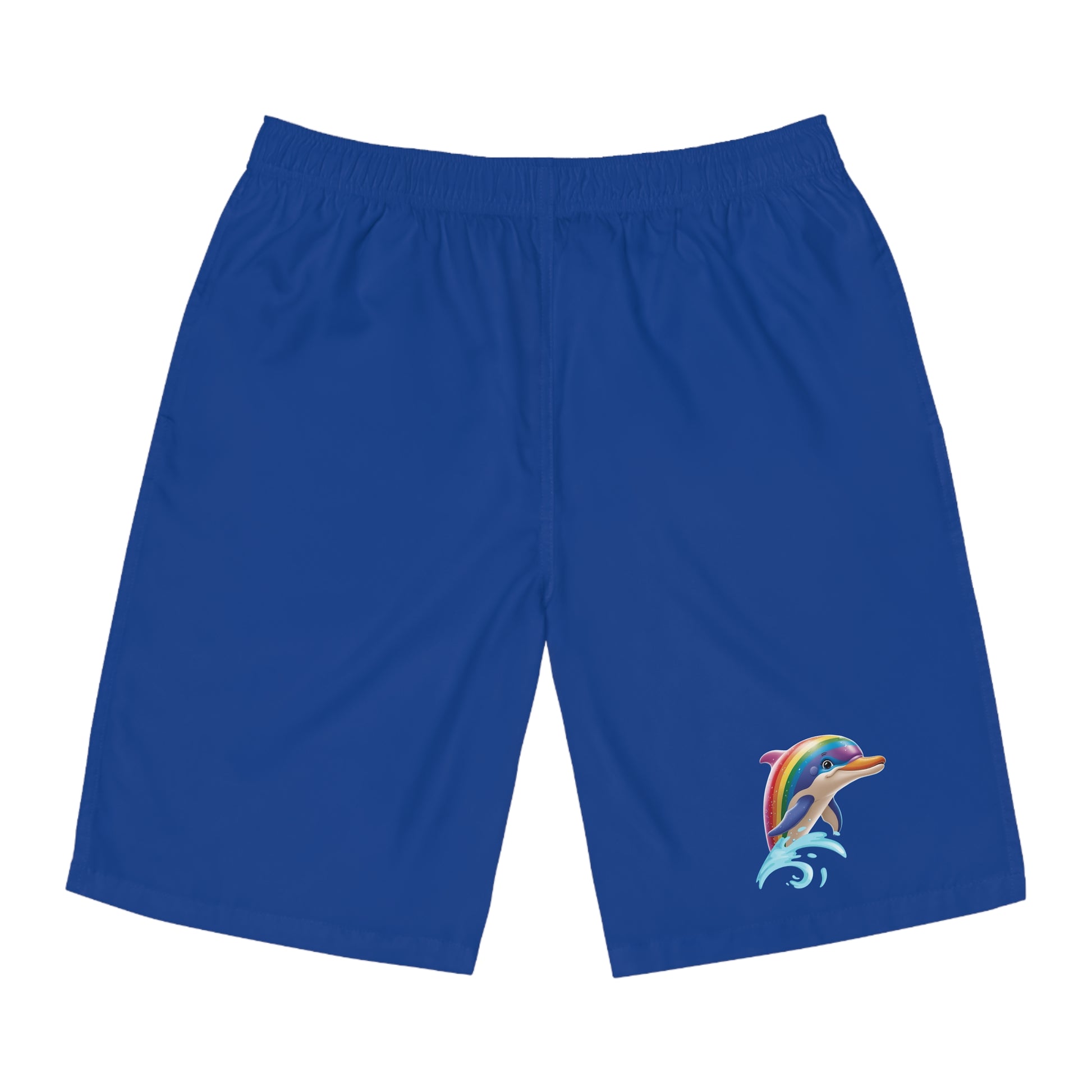 Blue board shorts with a vibrant rainbow colored dolphin design near the hem, celebrating PRIDE. The shorts feature an elastic waistband, and the dolphin is leaping from the water reflecting a bold spirit embraced by the LGBTQ community.