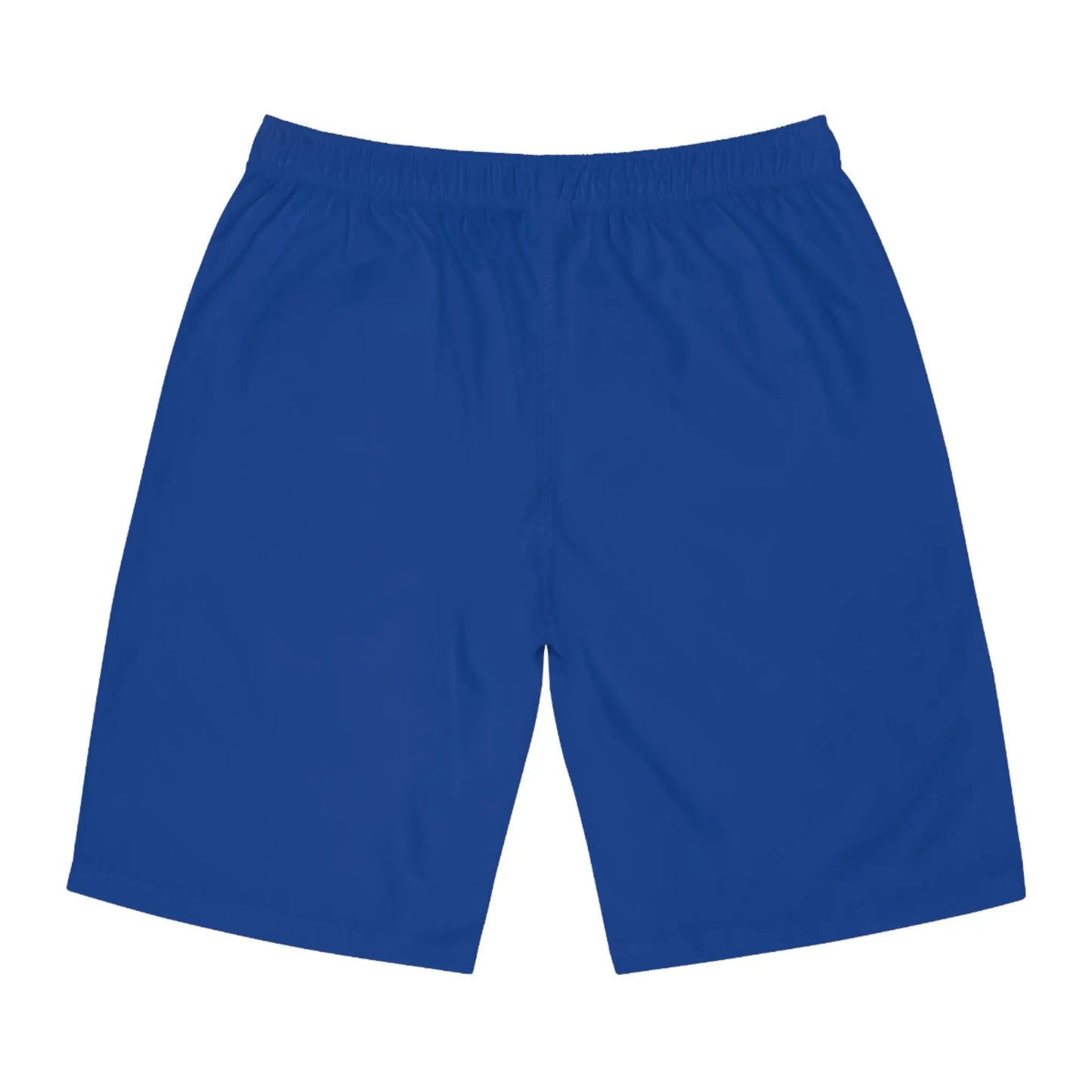 A photo of blue board shorts, seen from the back.The shorts feature an elastic waistband.