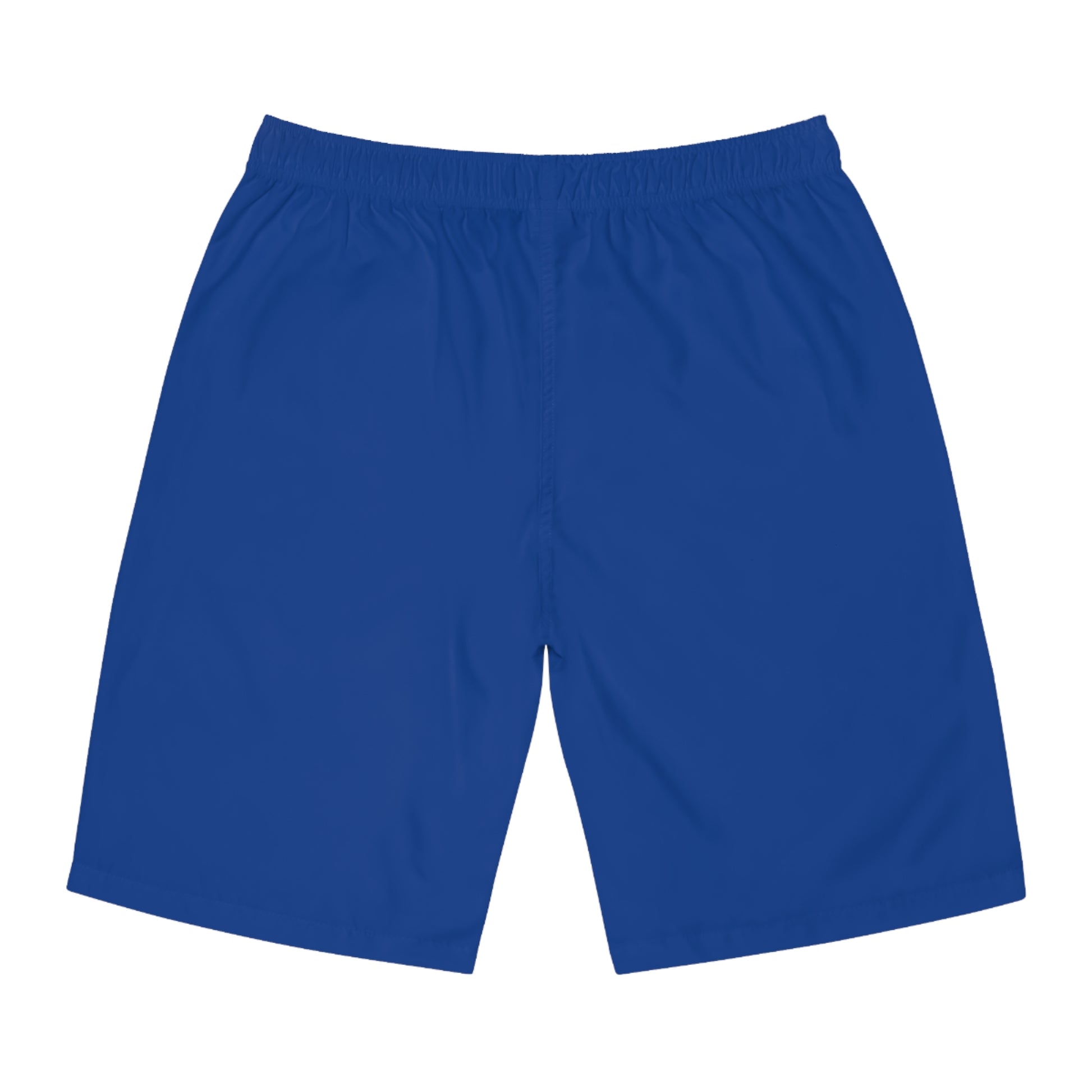 A photo of blue board shorts, seen from the back.The shorts feature an elastic waistband.