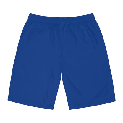 A photo of blue board shorts, seen from the back.The shorts feature an elastic waistband.