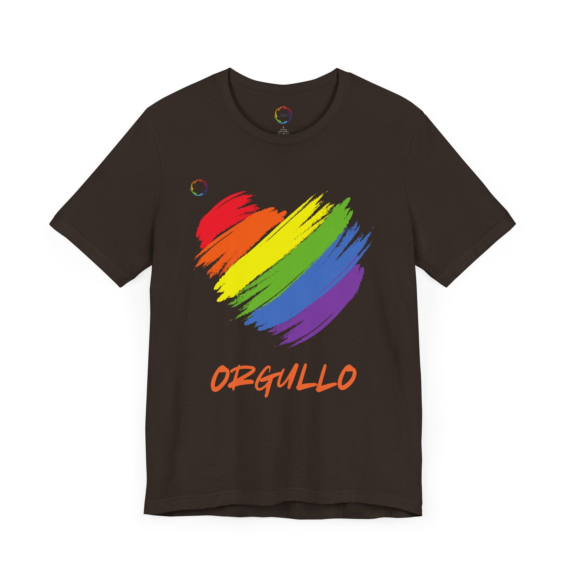 Brown T-shirt featuring a rainbow-colored splotch brushstroke heart design with the word ORGULLO, celebrating pride in Spanish, below in yellow-orange letters. Perfect for showing support for the LGBTQ community and Worldwide PRIDE events.