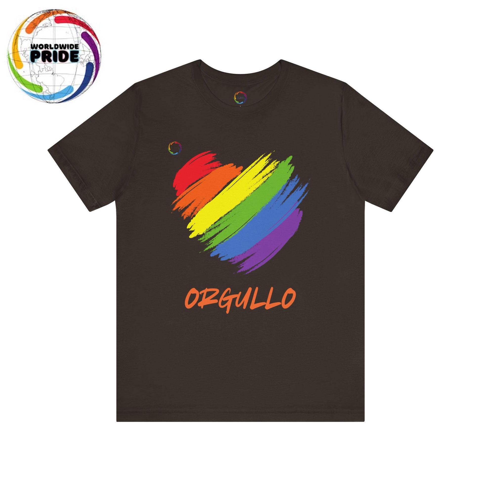 Brown T-shirt featuring a rainbow-colored splotch brushstroke heart design with the word ORGULLO, celebrating pride in Spanish, below in yellow-orange letters. Perfect for showing support for the LGBTQ community and Worldwide PRIDE events.