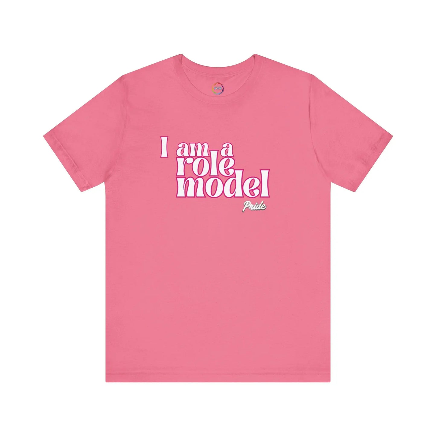 Pink t-shirt with 'I am a role model' text on a white background