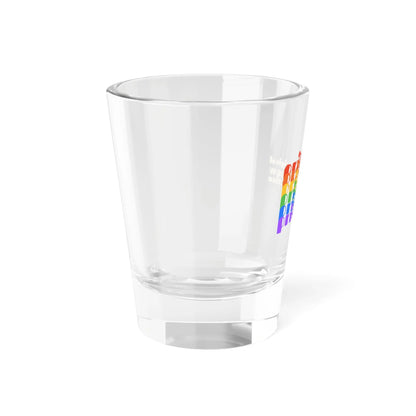 Side view of a shot glass features pride in a rainbow gradient on the left, celebrating the LGBTQ community. On the right, it reads The original rainbow connection in gold text. The glass, symbolizing worldwide PRIDE, sits empty against a white background.