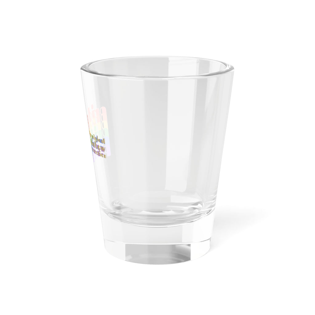 Side view of a shot glass features pride in a rainbow gradient on the left, celebrating the LGBTQ community. On the right, it reads The original rainbow connection in gold text. The glass, symbolizing worldwide PRIDE, sits empty against a white background.