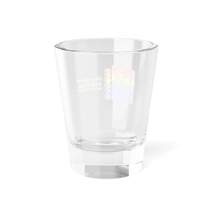 Back view of a shot glass features pride in a rainbow gradient on the left, celebrating the LGBTQ community. On the right, it reads The original rainbow connection in gold text. The glass, symbolizing worldwide PRIDE, sits empty against a white background.