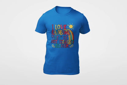 A blue unisex short-sleeve t-shirt with a colorful graphic that includes text saying "I love rainbows they're not straight either."