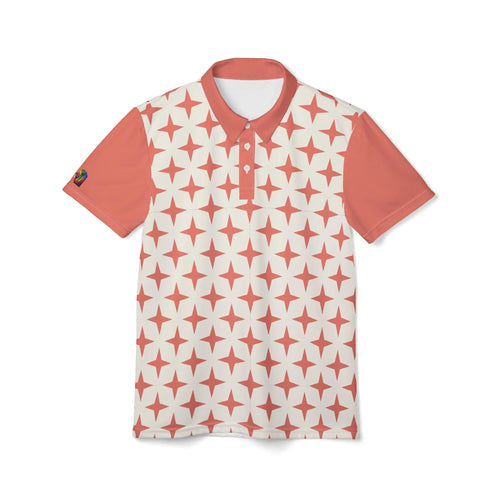 An eye-catching polo shirt featuring a coral collar and sleeves, with a white front and back adorned in coral stars. The shirt also features a small rainbow colored lion on the right sleeve. It's a subtle homage to the LGBTQ community.