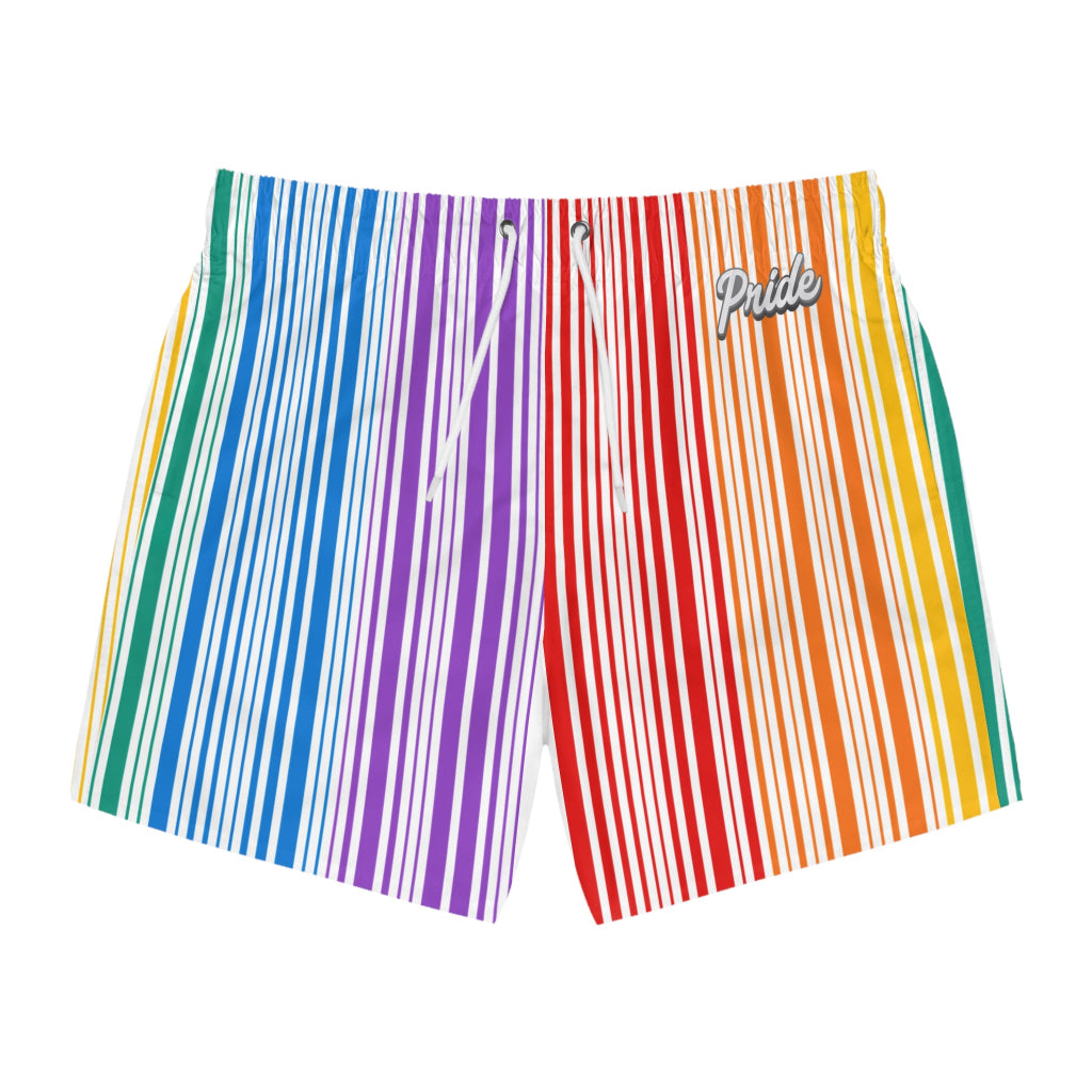 The PRIDE Rainbow Swim Trunks feature a colorful, vertical rainbow-striped design and Pride on the upper right corner. Made from quick-drying polyester, these shorts combine style and comfort for beach adventures.