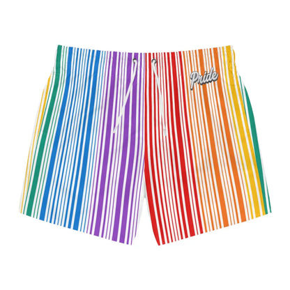 The PRIDE Rainbow Swim Trunks feature a colorful, vertical rainbow-striped design and Pride on the upper right corner. Made from quick-drying polyester, these shorts combine style and comfort for beach adventures.