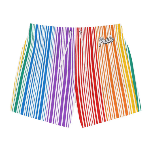 The PRIDE Rainbow Swim Trunks feature a colorful, vertical rainbow-striped design and Pride on the upper right corner. Made from quick-drying polyester, these shorts combine style and comfort for beach adventures.