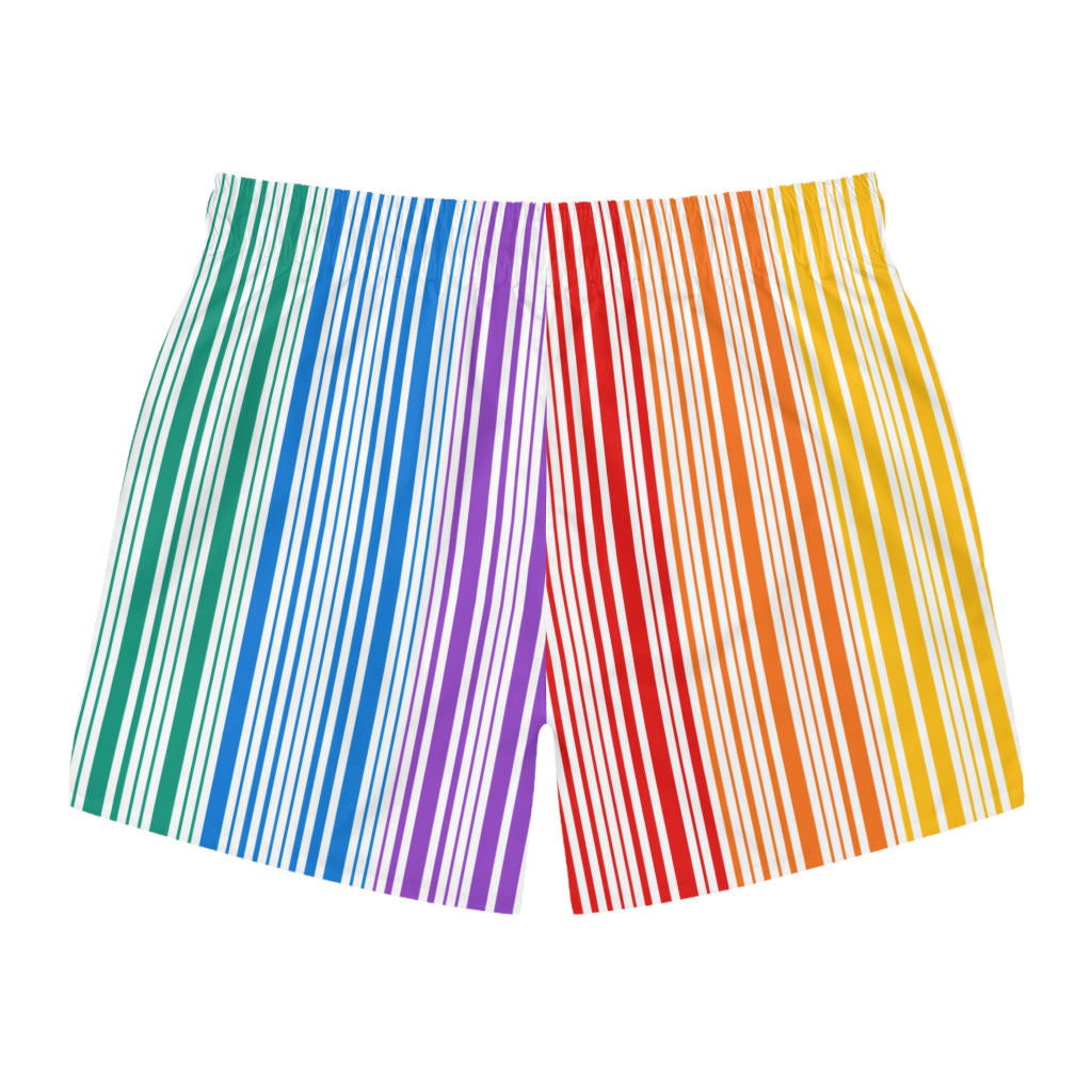 The PRIDE Rainbow Swim Trunks feature vibrant vertical stripes in green, blue, purple, red, orange, and yellow. Made from quick-drying polyester, they offer a casual style ideal for summer celebrations.