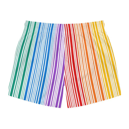 The PRIDE Rainbow Swim Trunks feature vibrant vertical stripes in green, blue, purple, red, orange, and yellow. Made from quick-drying polyester, they offer a casual style ideal for summer celebrations.