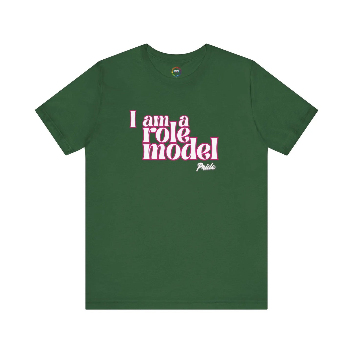Green t-shirt with 'I am a role model' text in pink and white on a white background