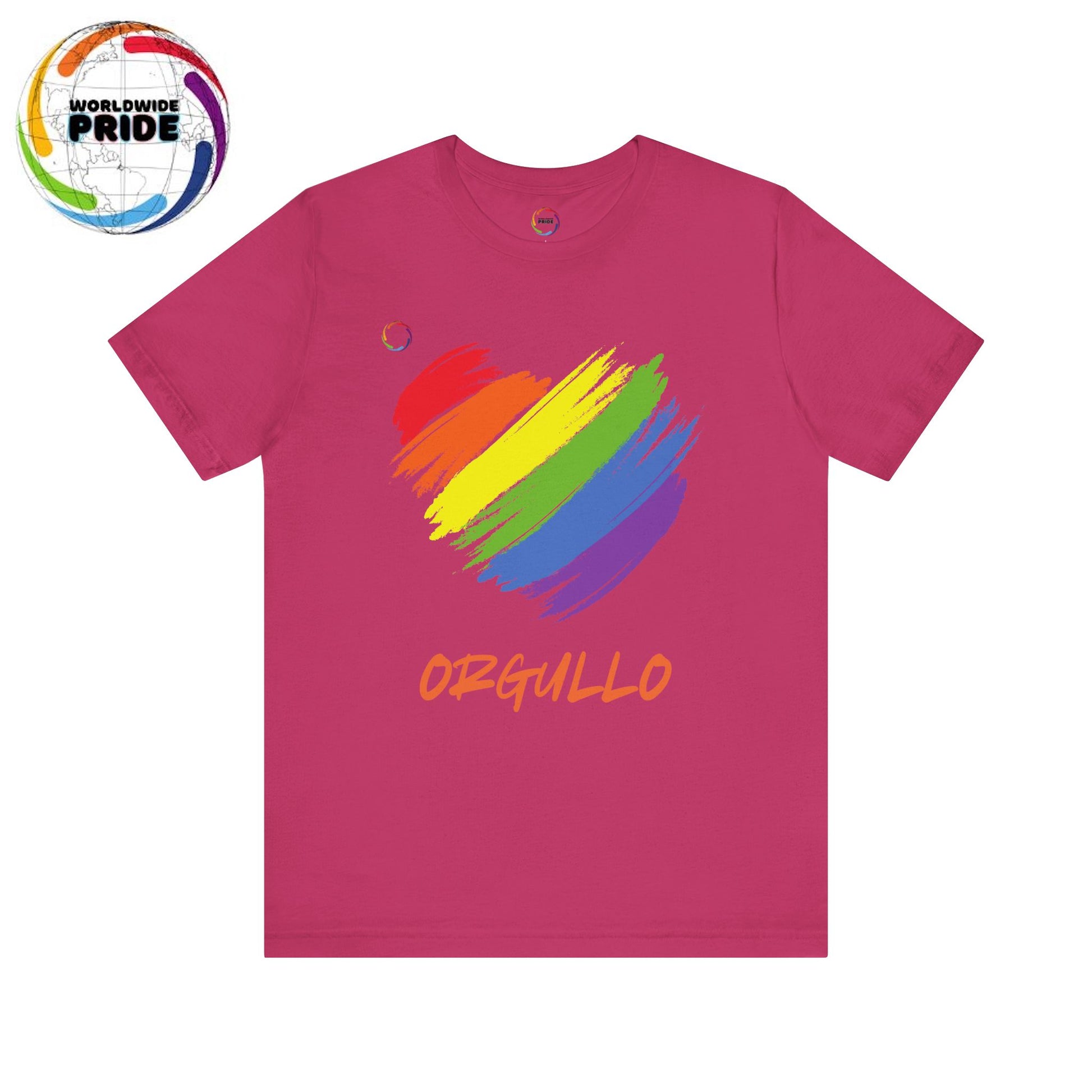 Fuchsia T-shirt featuring a rainbow-colored splotch brushstroke heart design with the word ORGULLO, celebrating pride in Spanish, below in yellow-orange letters. Perfect for showing support for the LGBTQ community and Worldwide PRIDE events.