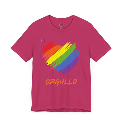 Fuchsia T-shirt featuring a rainbow-colored splotch brushstroke heart design with the word ORGULLO, celebrating pride in Spanish, below in yellow-orange letters. Perfect for showing support for the LGBTQ community and Worldwide PRIDE events.