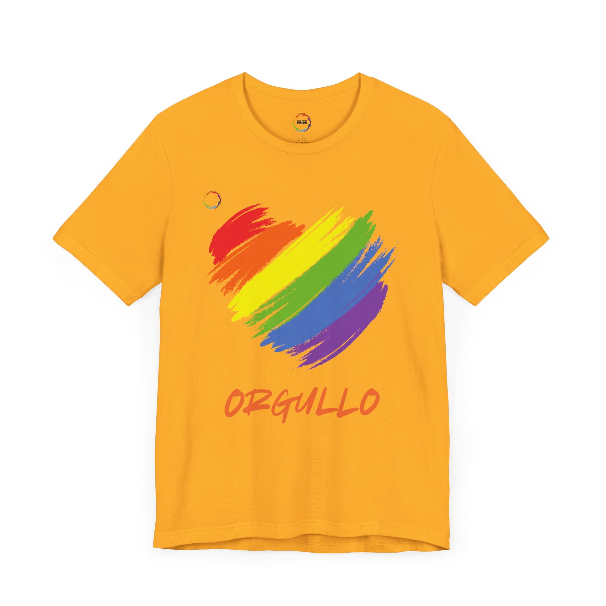 Gold T-shirt featuring a rainbow-colored splotch brushstroke heart design with the word ORGULLO, celebrating pride in Spanish, below in yellow-orange letters. Perfect for showing support for the LGBTQ community and Worldwide PRIDE events.