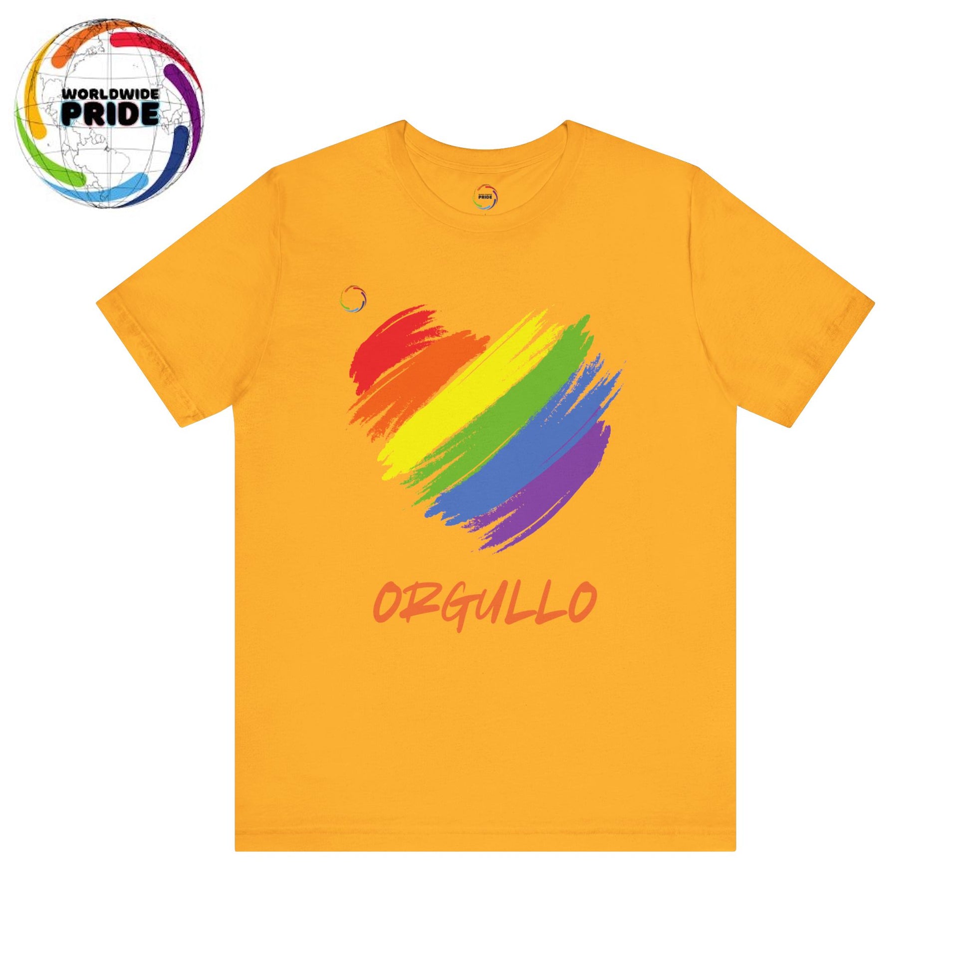 Gold T-shirt featuring a rainbow-colored splotch brushstroke heart design with the word ORGULLO, celebrating pride in Spanish, below in yellow-orange letters. Perfect for showing support for the LGBTQ community and Worldwide PRIDE events.
