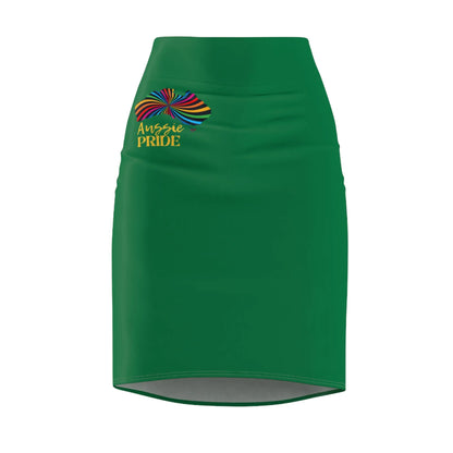 A green pencil skirt adorned with the vibrant text Aussie PRIDE in yellow and a map design of Australia above it with a black rainbow swirl, celebrating worldwide PRIDE.