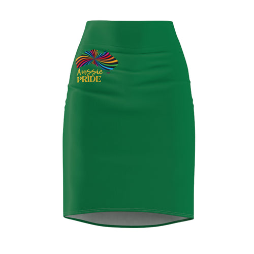 A green pencil skirt adorned with the vibrant text Aussie PRIDE in yellow and a map design of Australia above it with a black rainbow swirl, celebrating worldwide PRIDE.