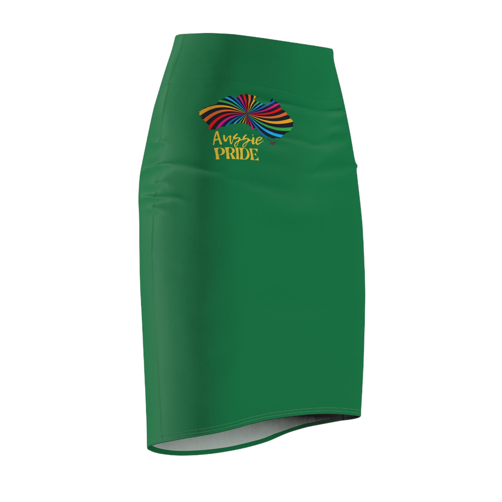 Right side view of a green pencil skirt adorned with the vibrant text Aussie PRIDE in yellow and a map design of Australia above it with a black rainbow swirl, celebrating worldwide PRIDE.