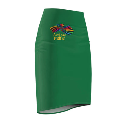 Right side view of a green pencil skirt adorned with the vibrant text Aussie PRIDE in yellow and a map design of Australia above it with a black rainbow swirl, celebrating worldwide PRIDE.