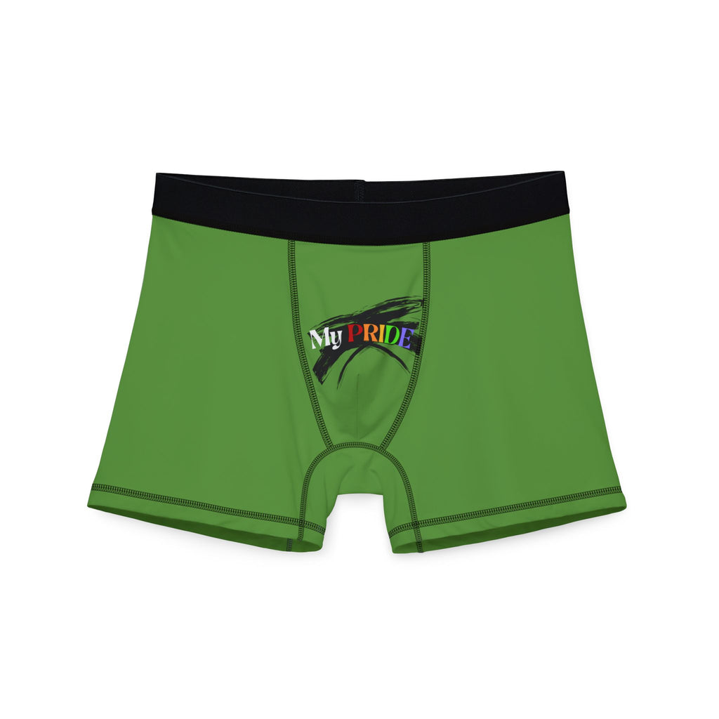 Green boxer briefs featuring a black waistband. My PRIDE is boldly printed on the front, with PRIDE in vibrant rainbow colors, celebrating the worldwide PRIDE movement.