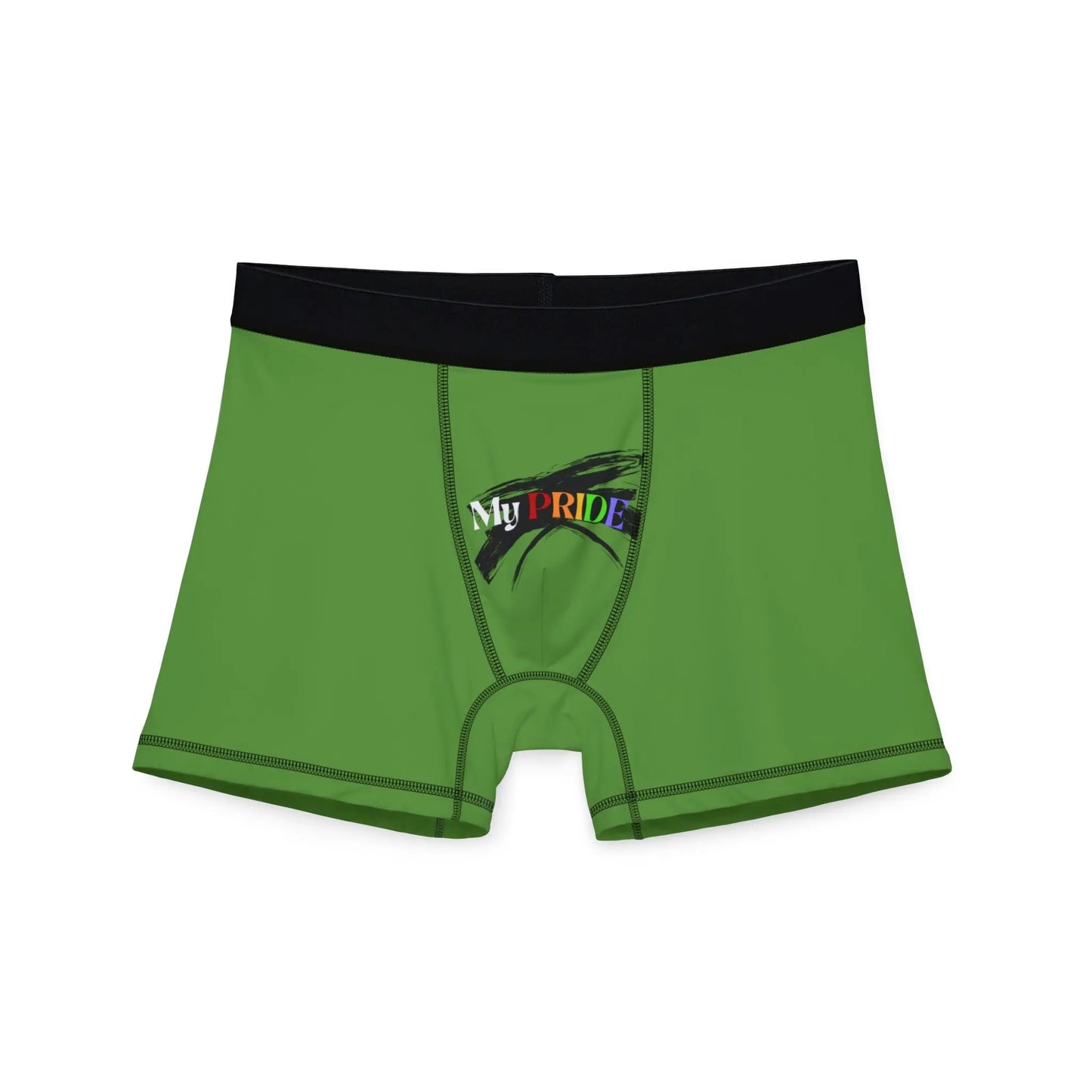 Green boxer briefs featuring a black waistband. My PRIDE is boldly printed on the front, with PRIDE in vibrant rainbow colors, celebrating the worldwide PRIDE movement.