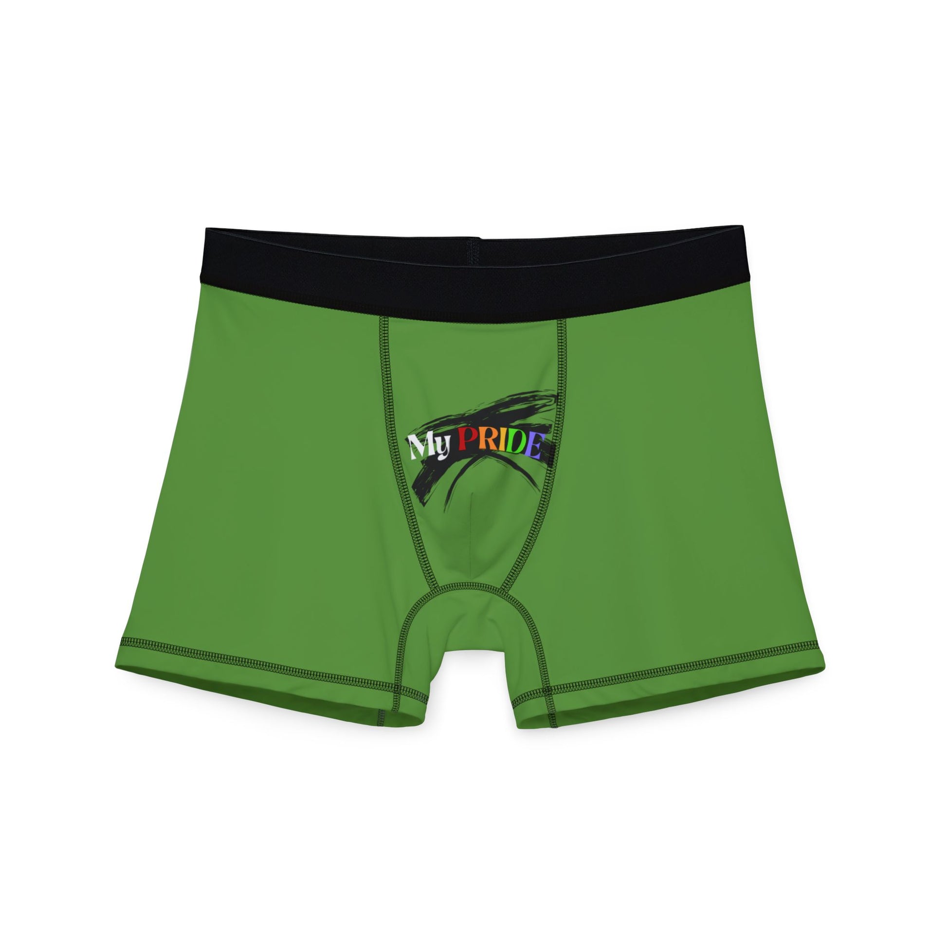 Green boxer briefs featuring a black waistband. My PRIDE is boldly printed on the front, with PRIDE in vibrant rainbow colors, celebrating the worldwide PRIDE movement.