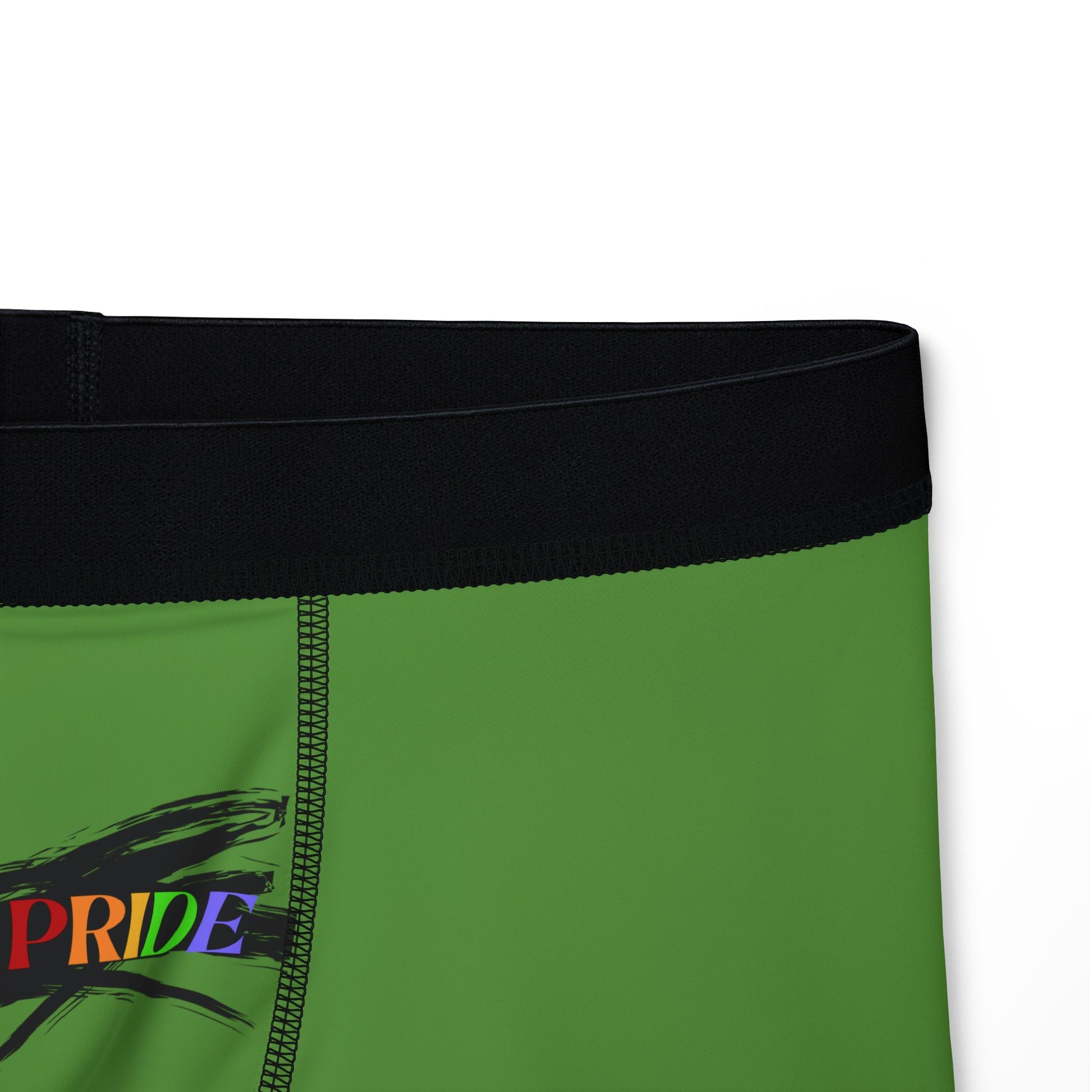 Close up of green boxer briefs featuring a black waistband. My PRIDE is boldly printed on the front, with PRIDE in vibrant rainbow colors, celebrating the worldwide PRIDE movement.