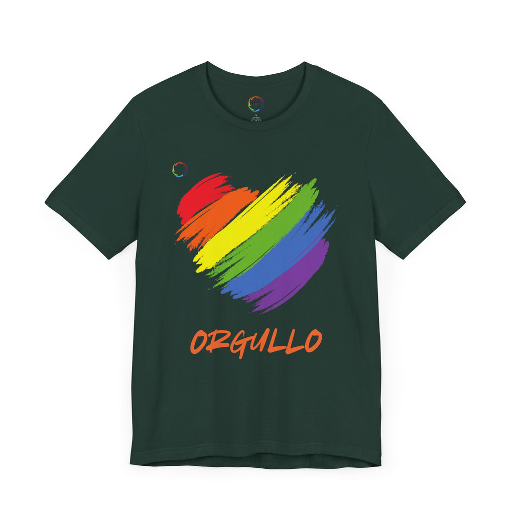 Green T-shirt featuring a rainbow-colored splotch brushstroke heart design with the word ORGULLO, celebrating pride in Spanish, below in yellow-orange letters. Perfect for showing support for the LGBTQ community and Worldwide PRIDE events.