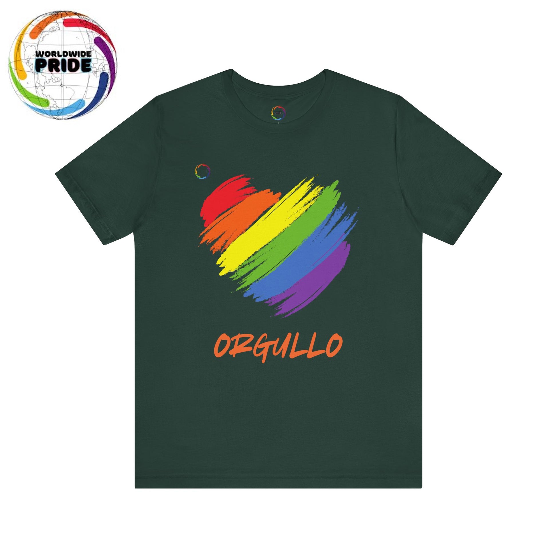 Green T-shirt featuring a rainbow-colored splotch brushstroke heart design with the word ORGULLO, celebrating pride in Spanish, below in yellow-orange letters. Perfect for showing support for the LGBTQ community and Worldwide PRIDE events.