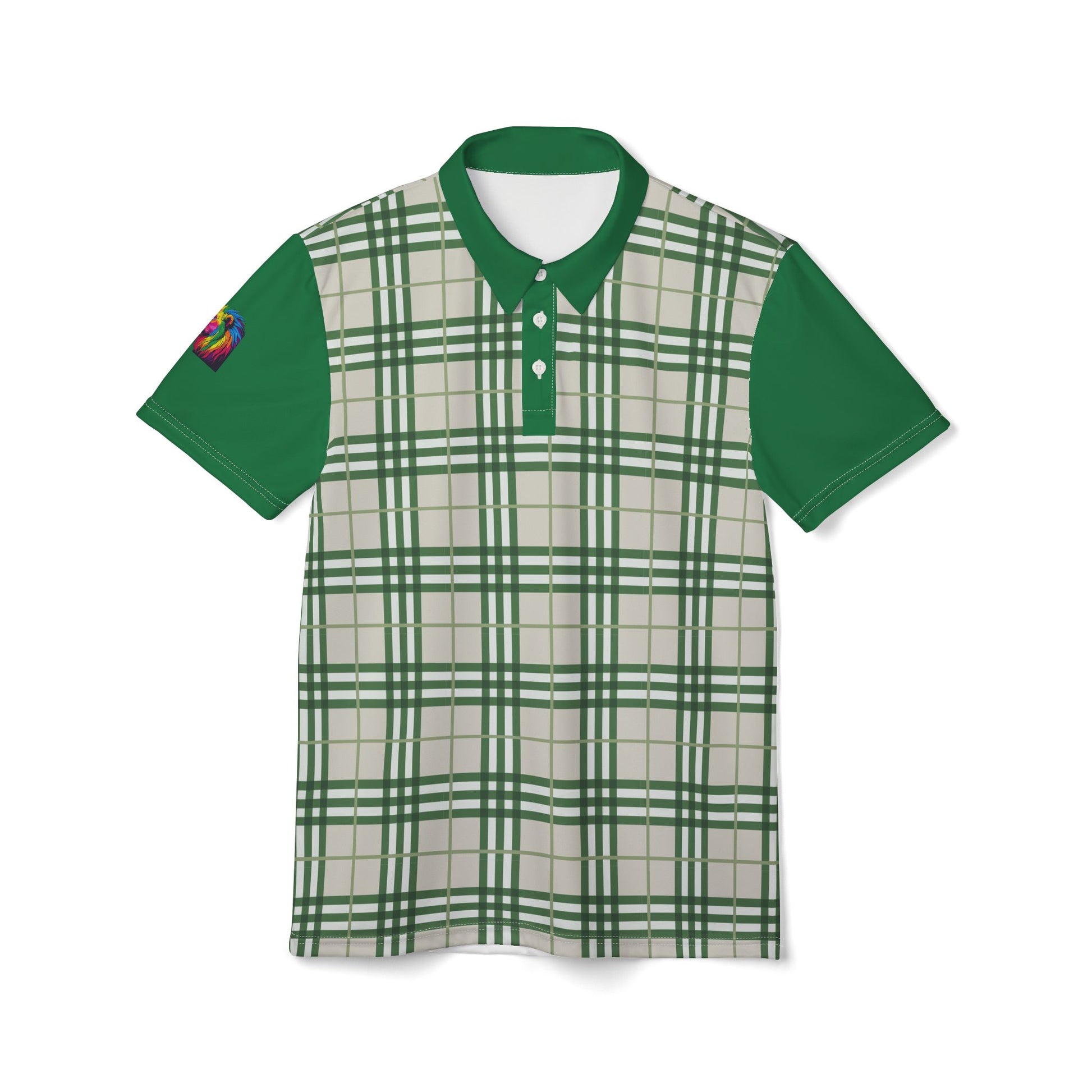 A polo shirt showcasing a green "prideberry" plaid pattern on the front with solid green short sleeves. The shirt also features a collar and a small, colorful lion on the right sleeve, celebrating the LGBTQ community's vibrant spirit.