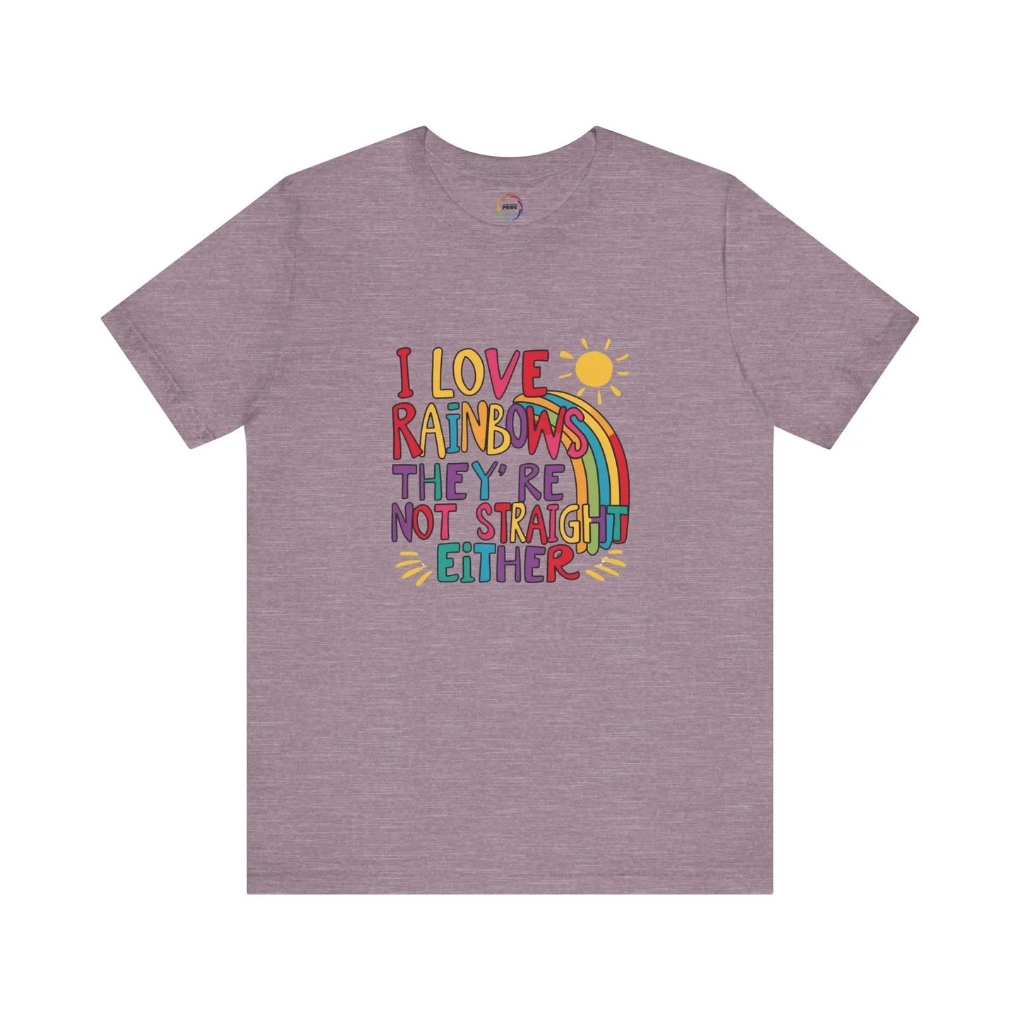 A heather purple unisex short-sleeve t-shirt with a colorful graphic that includes text saying "I love rainbows they're not straight either."