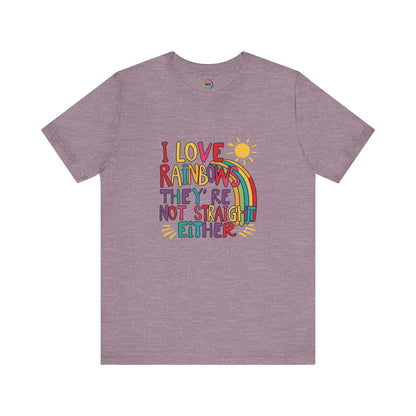 A heather purple unisex short-sleeve t-shirt with a colorful graphic that includes text saying "I love rainbows they're not straight either."