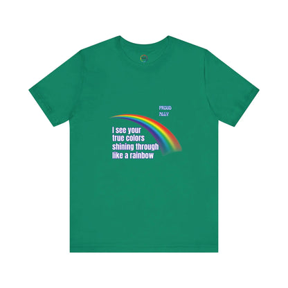 Kelly green t-shirt with rainbow and text design on a white background