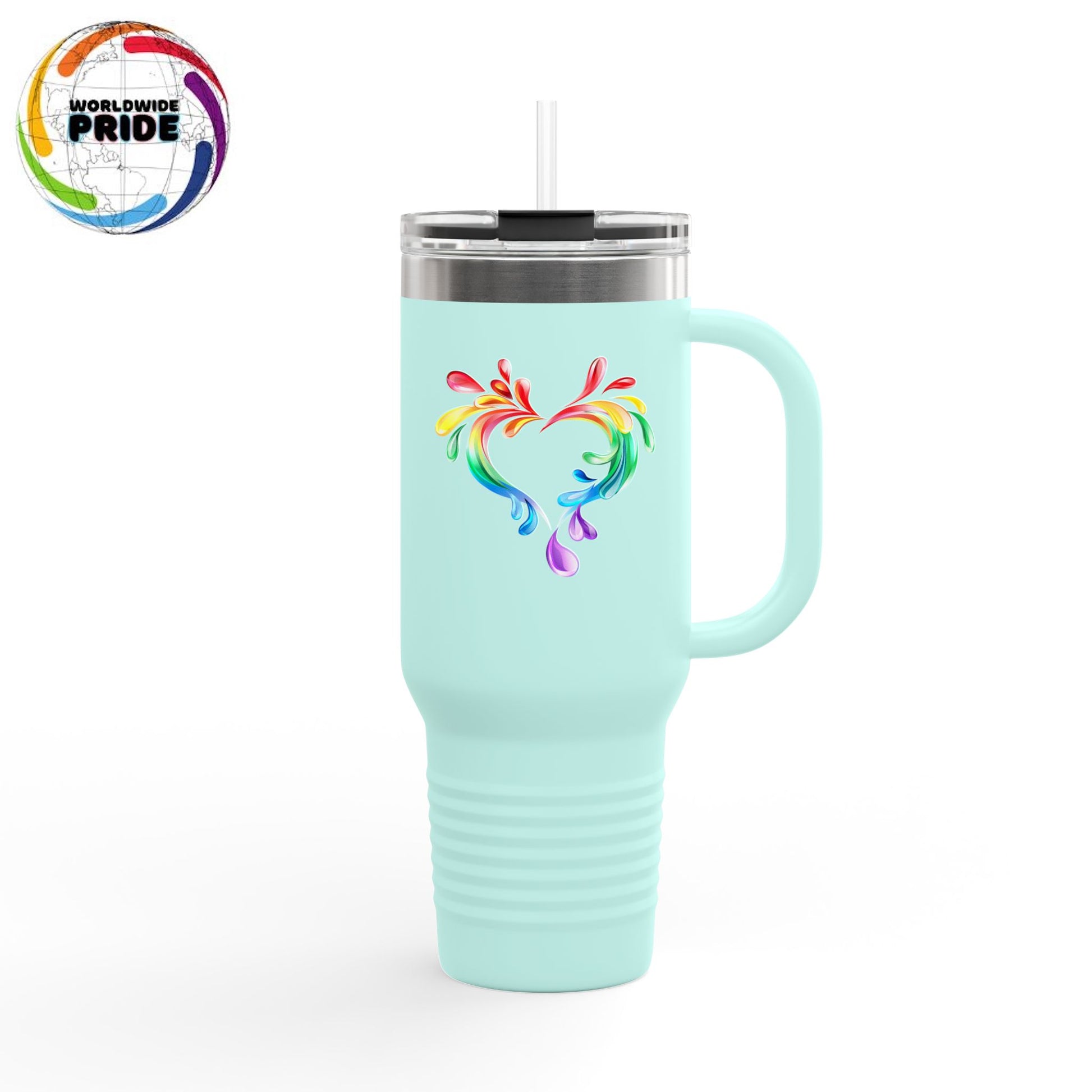 A light blue travel mug with a handle and straw, showcasing a colorful heart made of water splashes. The Worldwide PRIDE logo with a rainbow globe is in the top left corner, celebrating diversity and love.