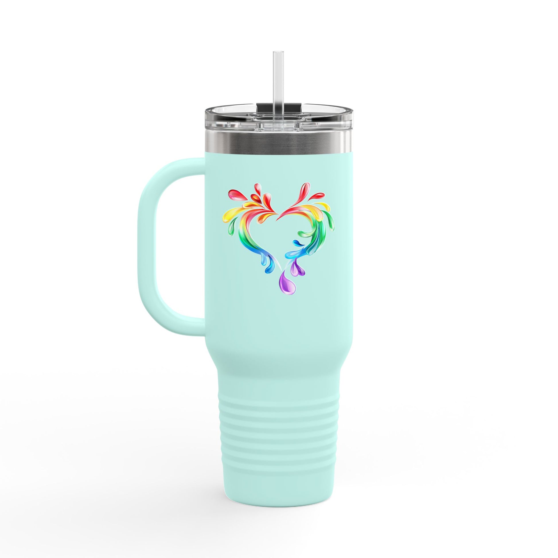A light blue travel mug with a handle and straw, showcasing a colorful heart made of water splashes. The Worldwide PRIDE cup is for celebrating diversity and love.