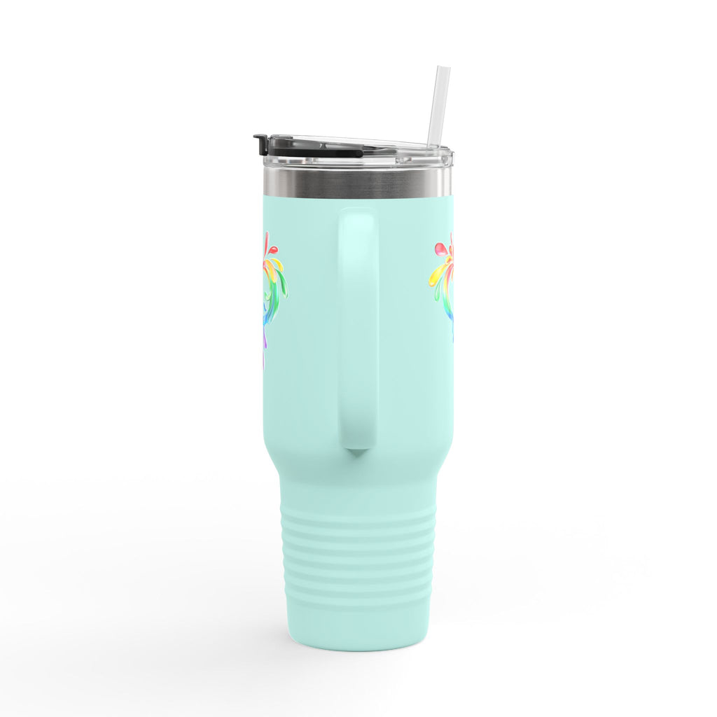 A light blue travel mug with a handle and straw, showcasing a colorful heart made of water splashes. The Worldwide PRIDE cup is for celebrating diversity and love.
